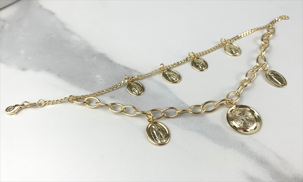 18k Gold Filled Curb Link Religious (Guadalupe Virgin, Cross, Maria Virgin) Double Bracelet, Wholesale Jewelry Supplies