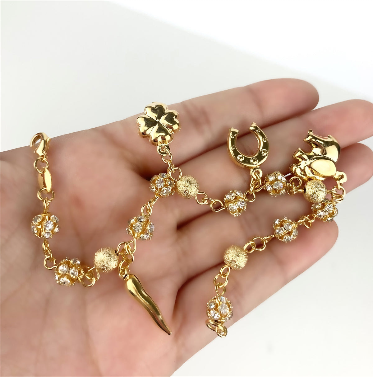 18k Gold Filled Fancy Lucky, Peace,Pearl Charms Bracelet Wholesale Jewelry Supplies