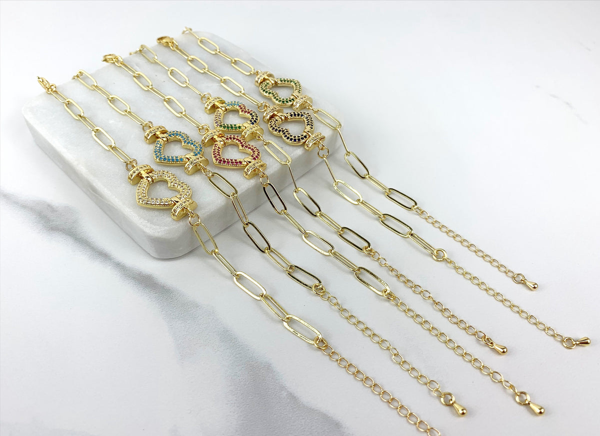 18k Gold Filled Paperclip Link Colored Heart Micro Pave Cubic Zirconia Bracelet with Extender for Wholesale Jewelry Supplies