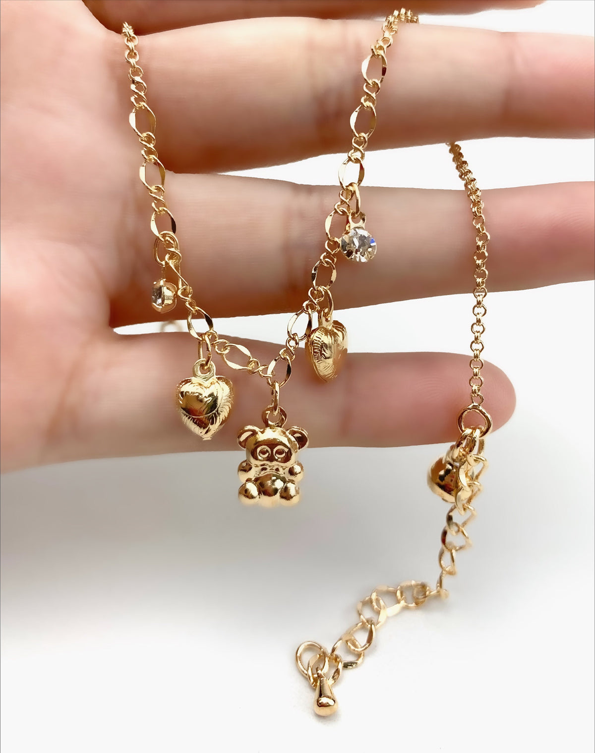 18k Gold Filled with Cubic Zirconia Bear, Hearts Jingle Bell 11 inches Cuban Link Chain Anklet Wholesale Jewelry Supplies