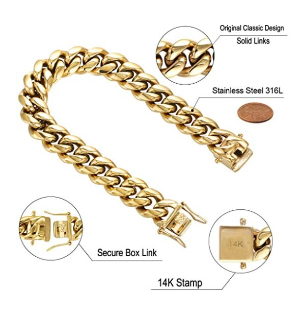8mm Miami Cuban Link Bracelet In 14k Gold Filled Featuring Double Safety Lock Box Clasp, Unisex Curb Chain, Wholesale Jewelry Supplies