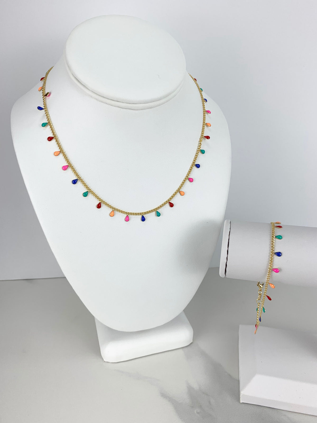 18k Gold Filled Curb Link Chain Featuring Enamel Multicolored Teardrop Fringe Necklace, Bracelet or Anklet Wholesale Jewelry Supplies