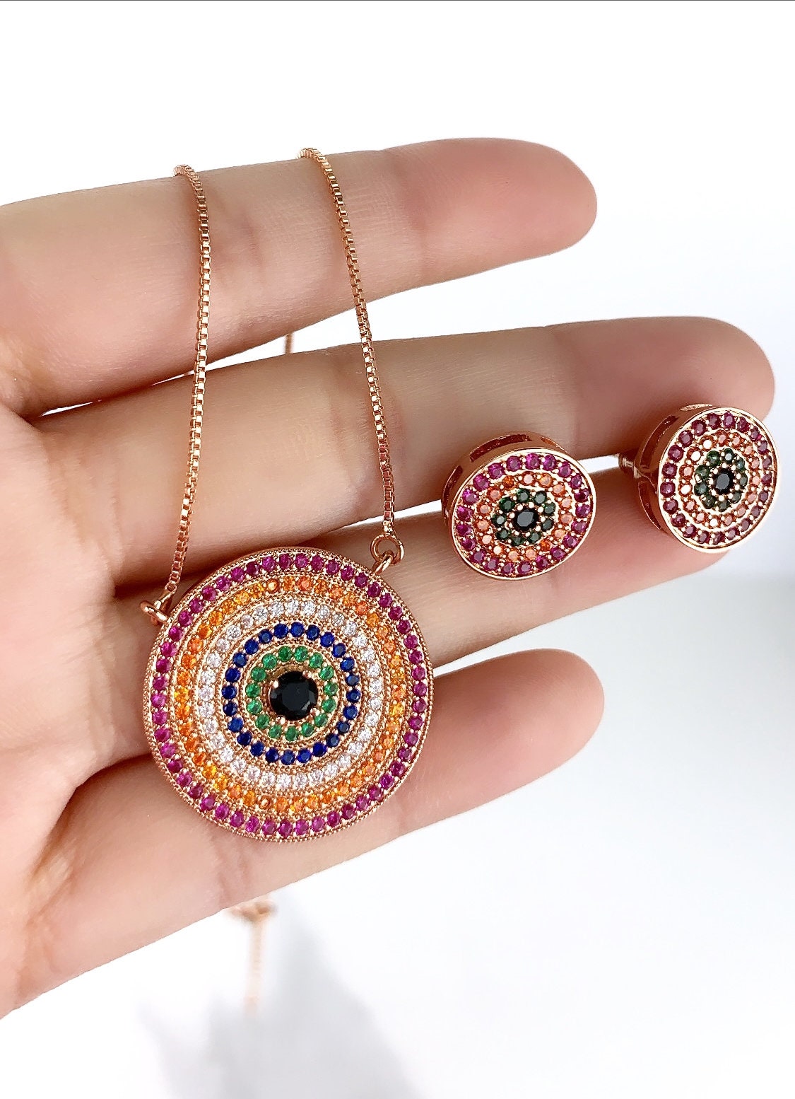 18k Rose Gold Filled Greek Eyes With Colored Zirconia Circle Charm Necklace and Earrings Wholesale Jewelry Supplies