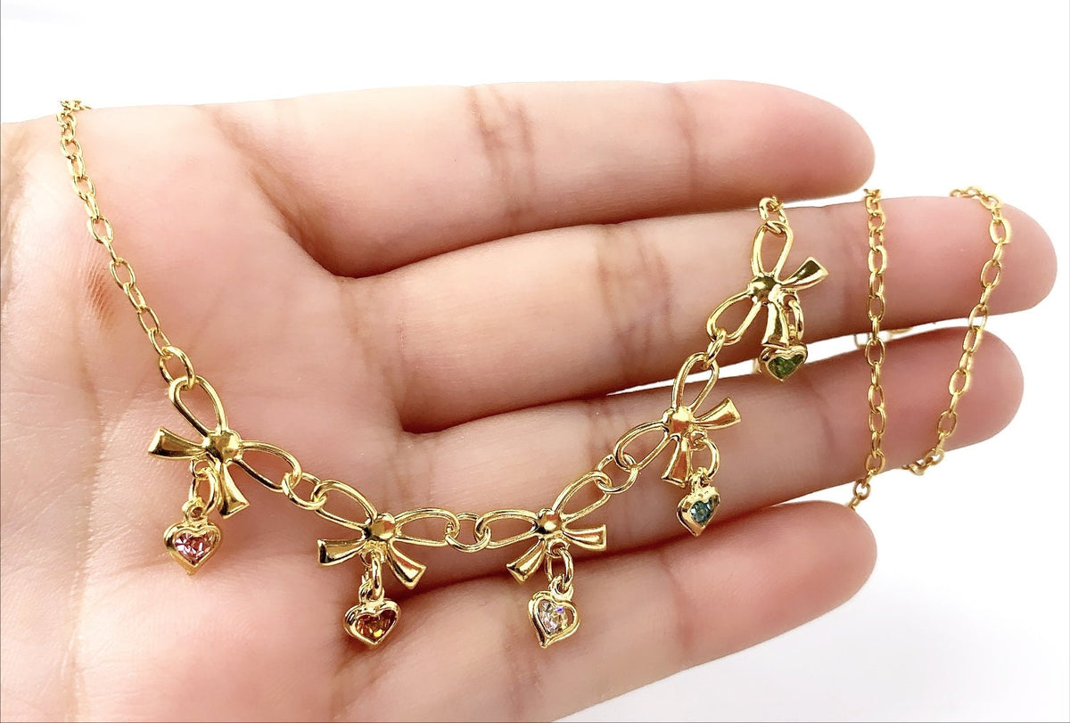 18k Gold Filled 1mm Oval Chain Linked with Colored Cubic Zirconia Bows & Hearts Shape Charms Necklace, Wholesale Jewelry Making Supplies