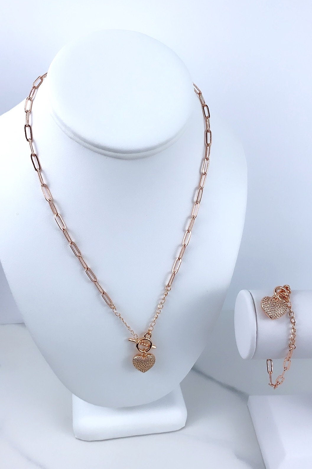 18k Rose Gold Filled Micro Pave Cubic Zirconia Puffy Heart Charm Necklace and Bracelet Set Featuring Toggle Clasp Wholesale Jewelry Supplies