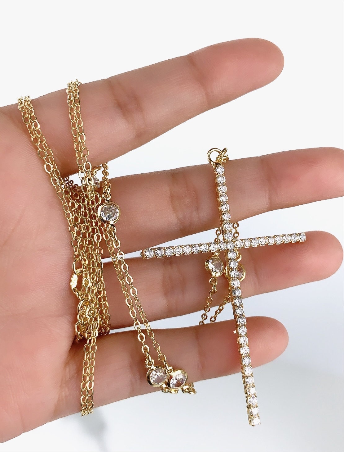 18k Gold Filled Paperclip Chain with Clear Cubic Zirconia Cross Shape Necklace or Earrings, Jewelry Sets, Wholesale Jewelry Making Supplies