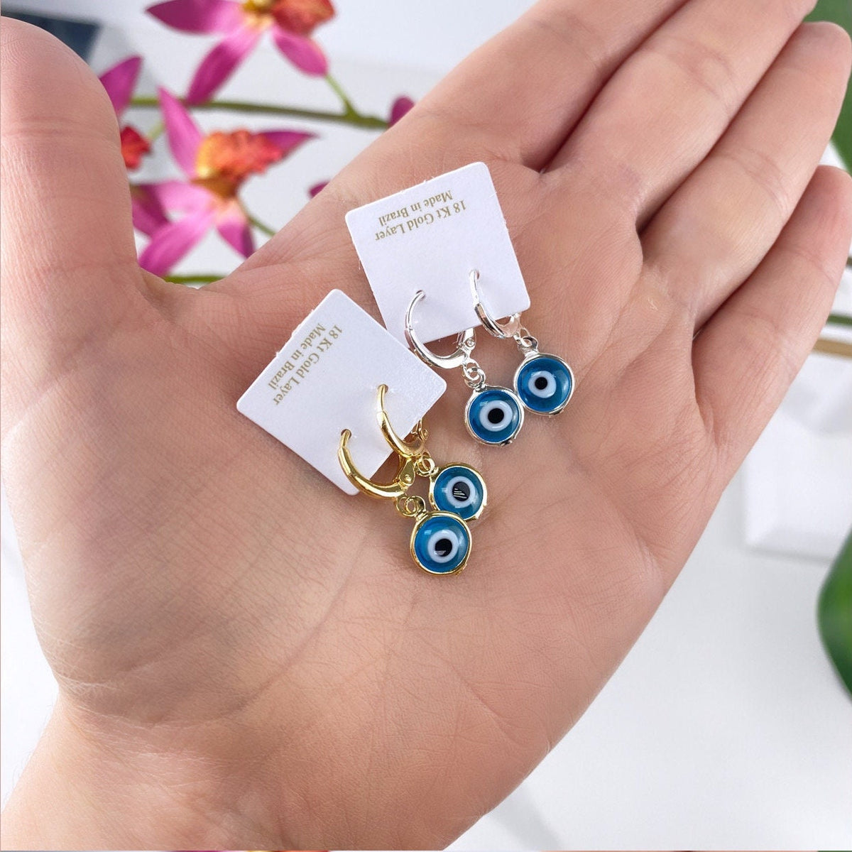 18k Gold Filled Dangling Earrings Featuring 12mm Greek Blue Eyes, Protection & Lucky Earrings, Wholesale Jewelry Making Supplies