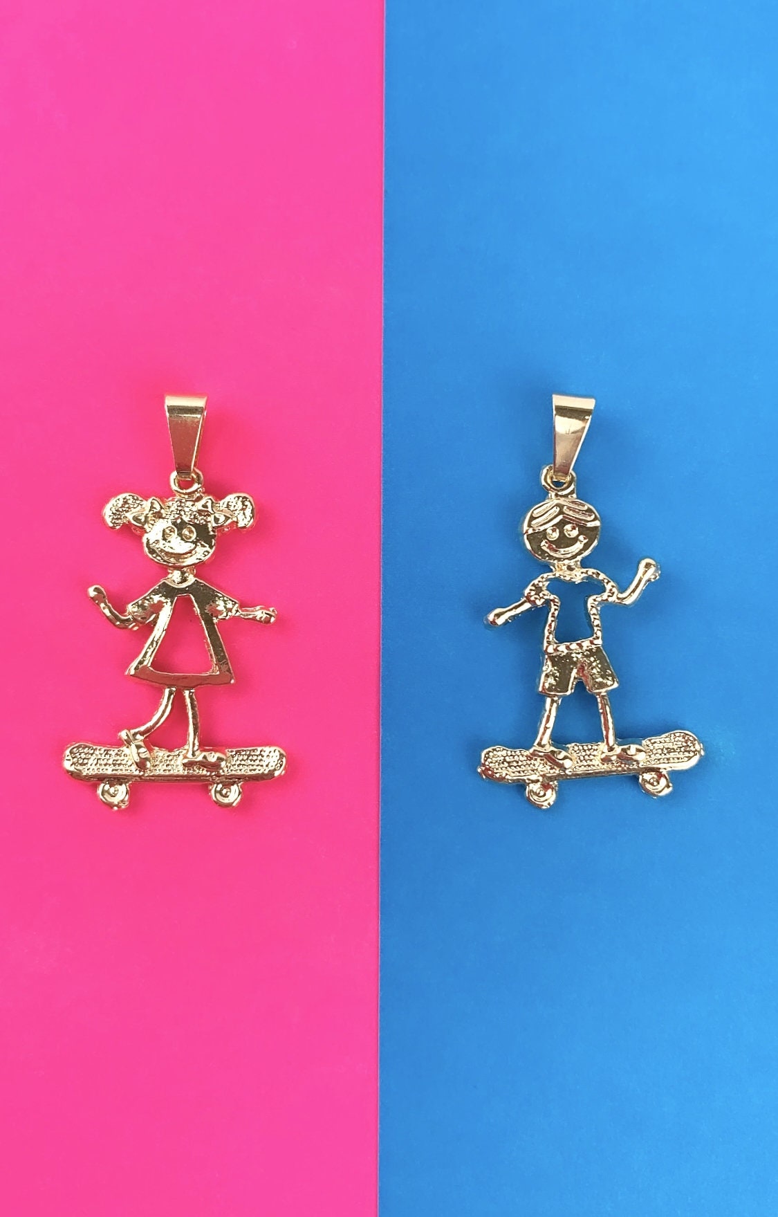 18k Gold Filled Kids Boy or Girl on Skateboard, Charms Pendant, Gold or Silver, Wholesale Jewelry Making Supplies Family Jewelry for Mother