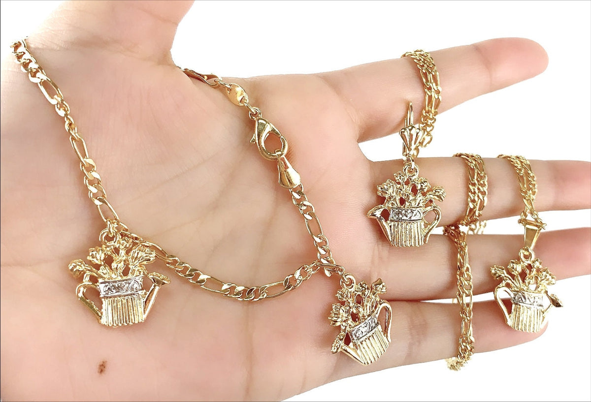 18k Gold Filled Figaro Chain with Watering with Flowers Pendant Bracelet and Earrings Wholesale Jewelry Supplies