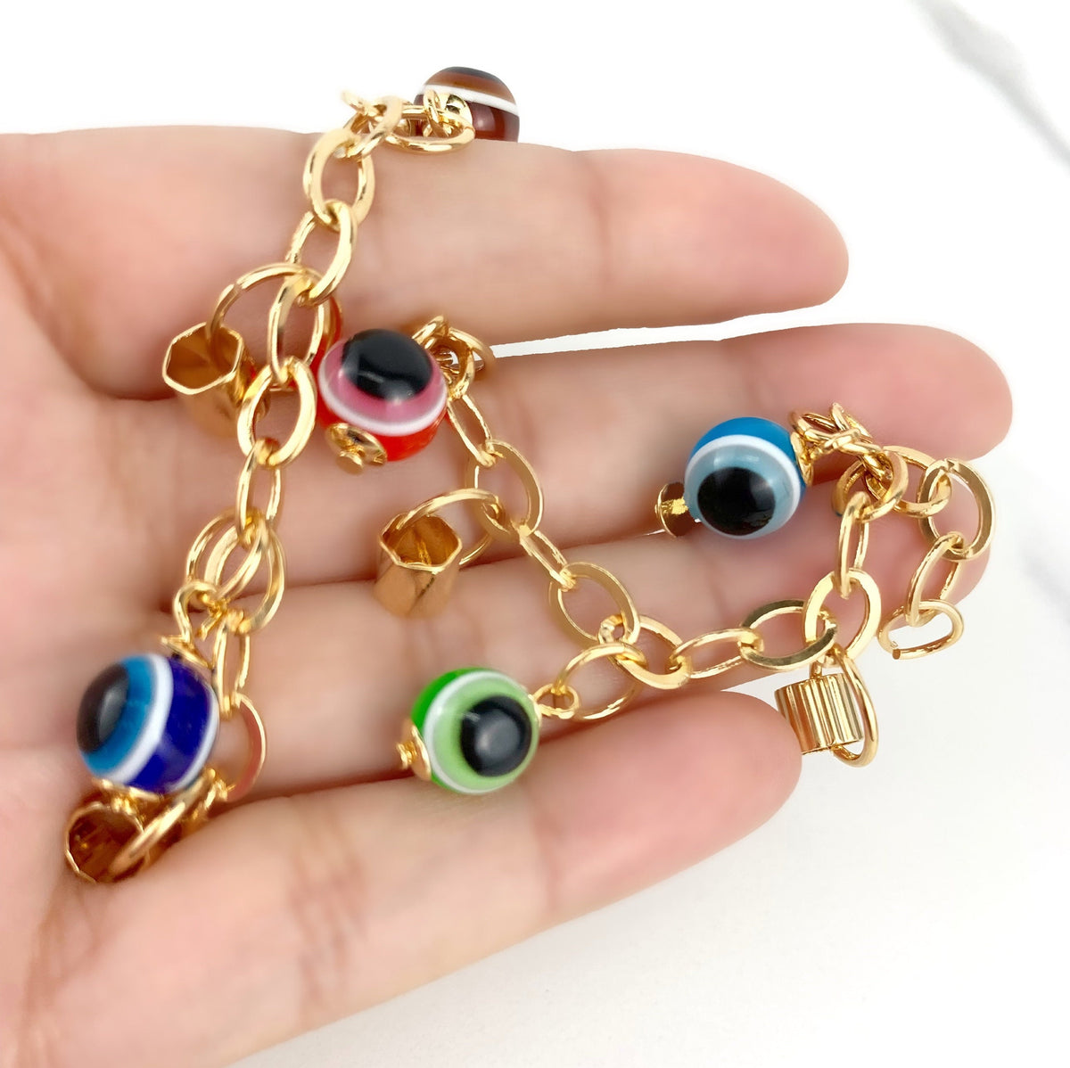 18k Gold Filled Rolo Belcher Chain with Multicolor Evil Eye Charms, 7.5 Inches Length Bracelet for Wholesale and Jewelry Supplies