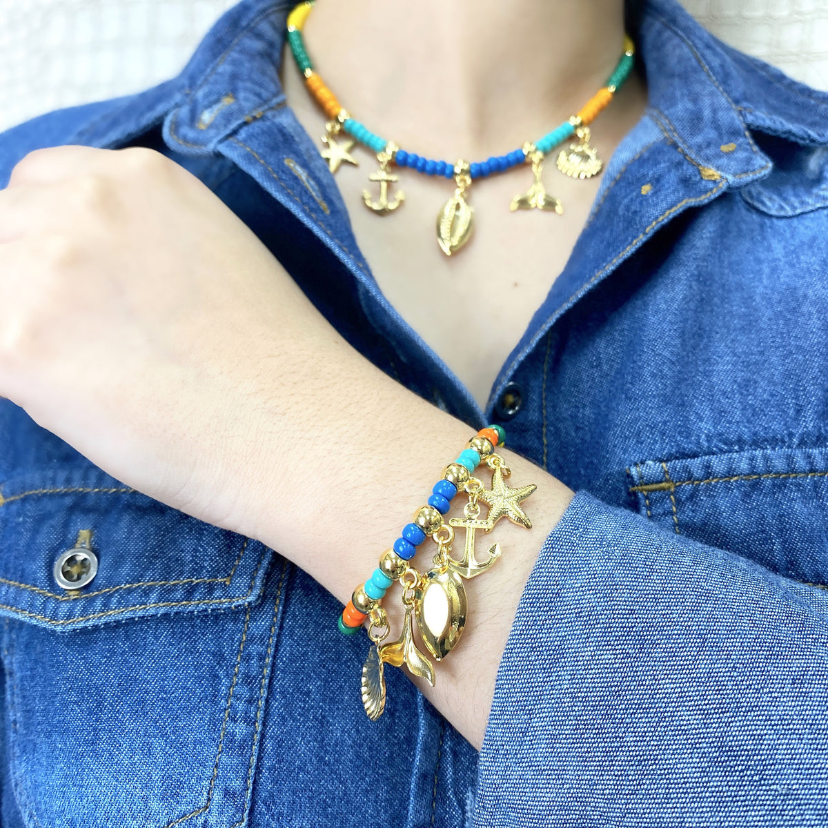 18k Gold Filled Ocean Marine Theme Charms And Colored Beads Necklace - Anchor, Cowry, Shell, Starfish, Whale Tail Wholesale Jewelry Supplies