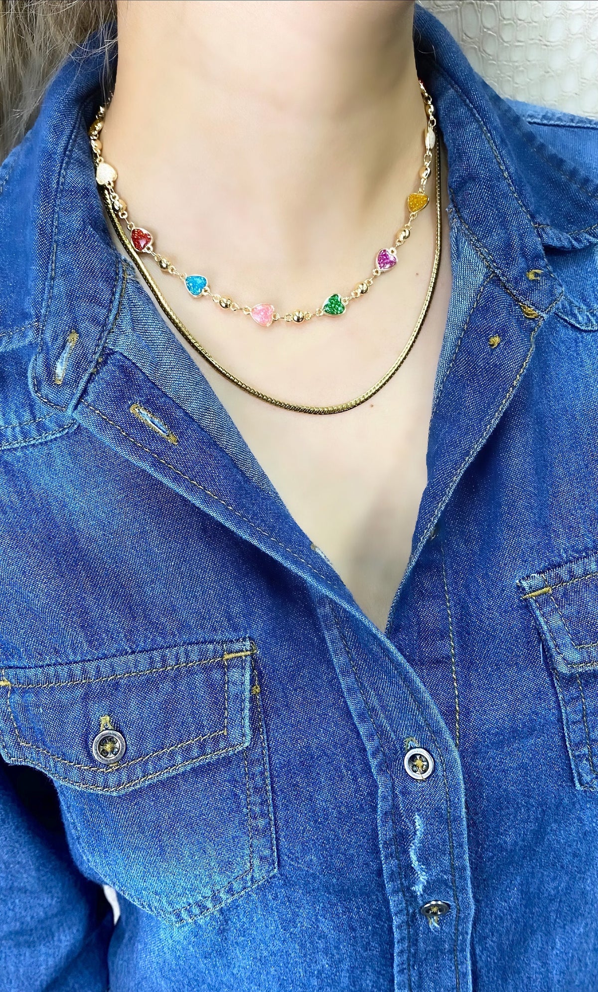 18k Gold Filled Ball Chain with Colorful Sparkle Hearts Simulated Druse Necklace Wholesale Jewelry Supplies