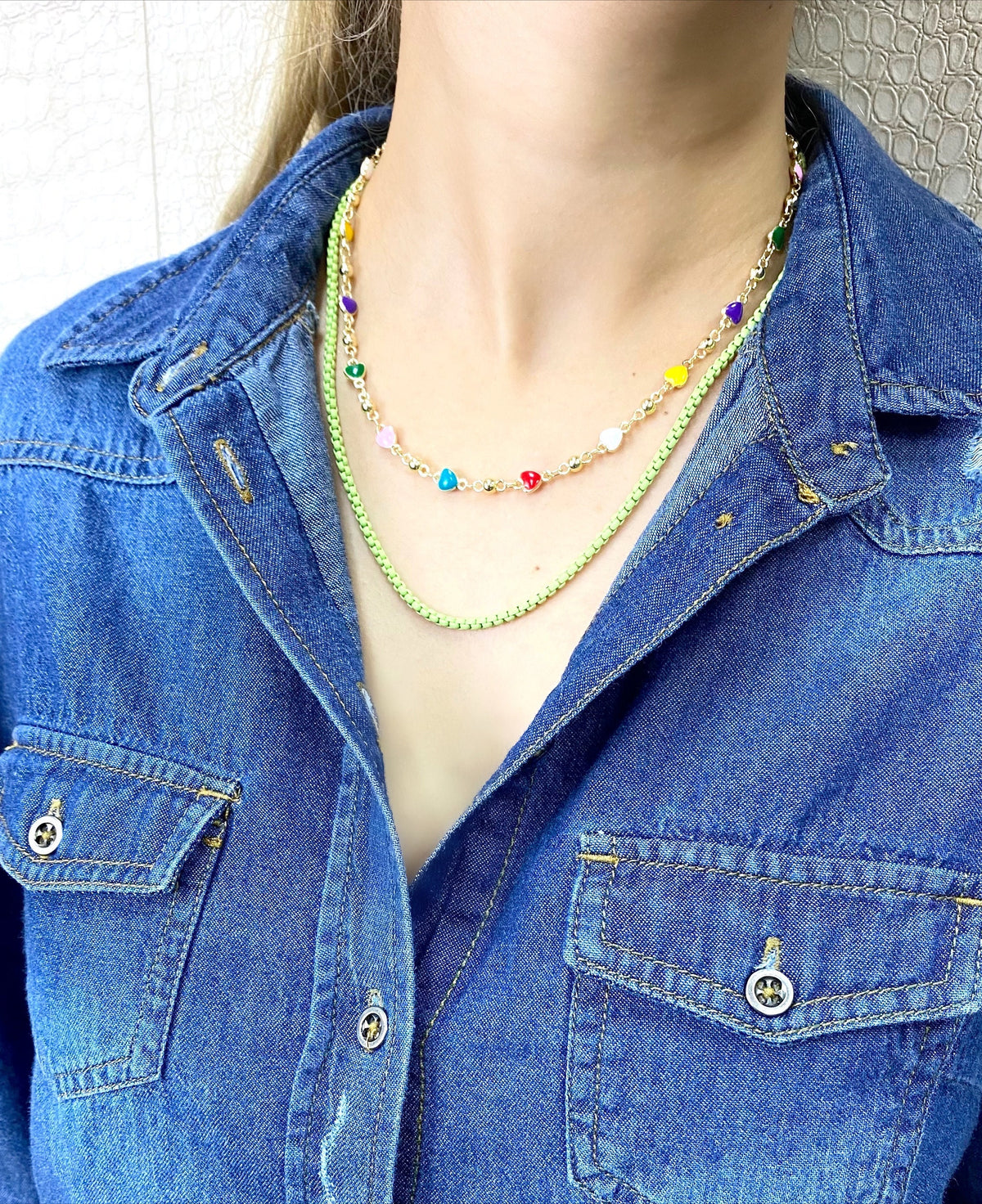 18k Gold Filled Bead Link Chain Featuring Colorful Enamel Hearts Necklace Wholesale Jewelry Supplies