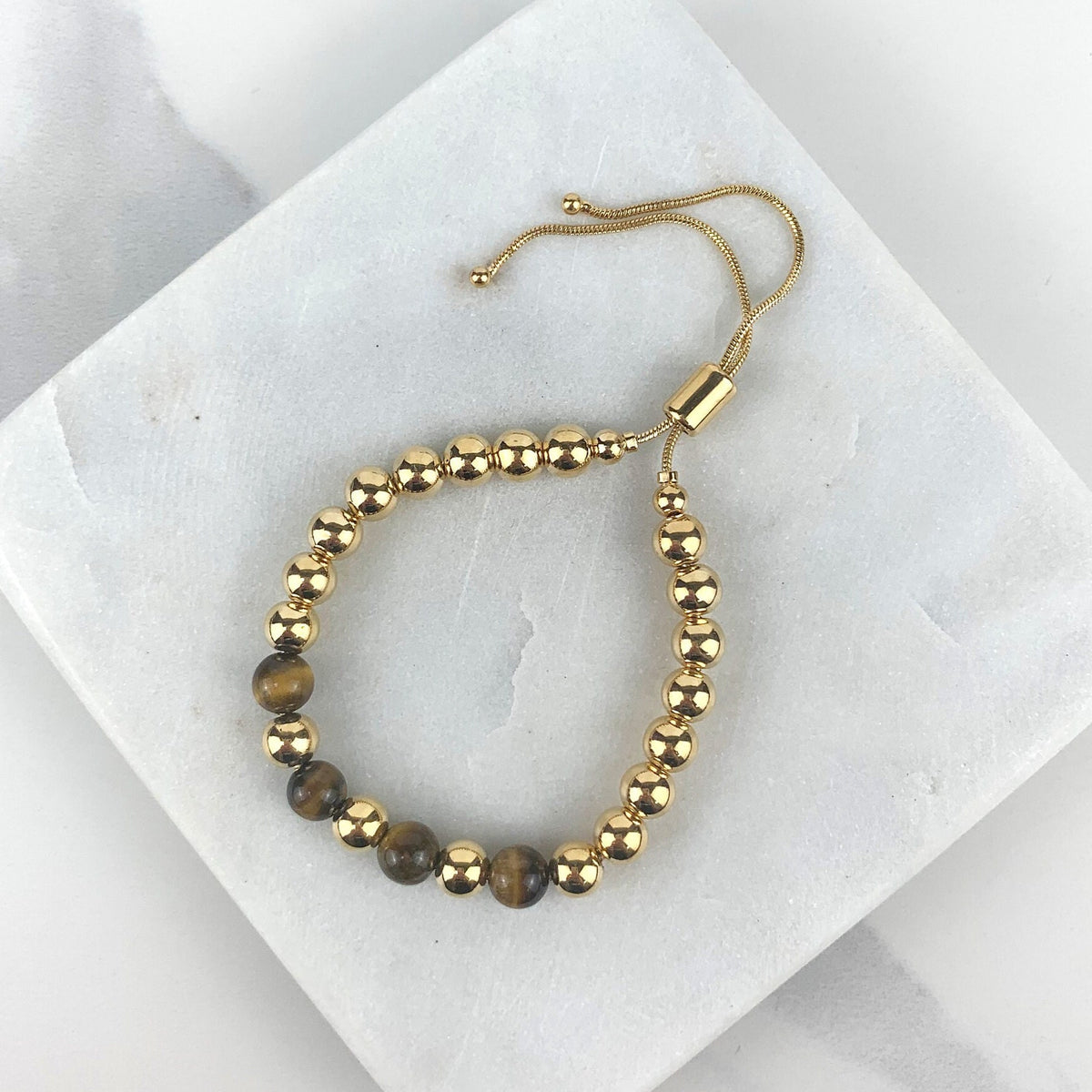 18k Gold Filled Tigers Eye Gemstone With Gold Ball Bead Adjustable Bracelet, 02 Styles Available, Wholesale Jewelry Making Supplies