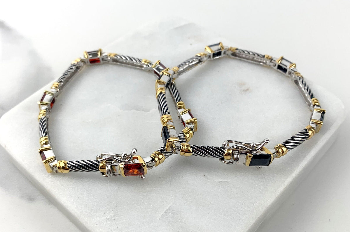Rhodium Plated Antiqued Spiral Link with Red, Purple, Black,Green or Yellow, Cubic Zirconia Bracelet, Wholesale Jewelry Supplies