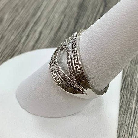 Silver Filled with Clear Cubic Zirconia and Greek Key Design Details Ring Wholesale Jewelry Making Supplies