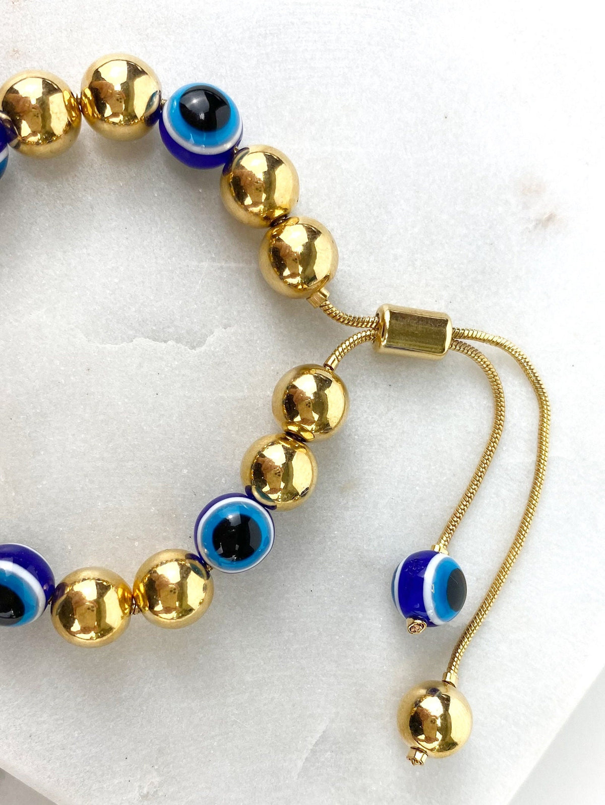 Adjustable 18k Gold Filled Bead Evil Eye Bracelet Featuring Slide Clasp And Glass Blue Evil Eye Ball Wholesale Jewelry Making Supplies