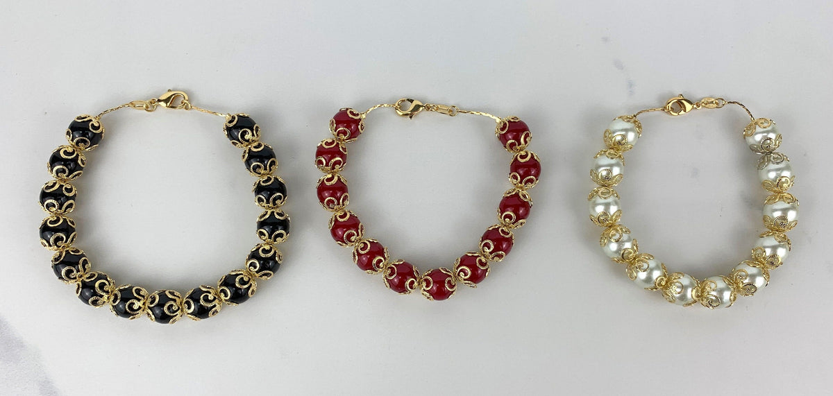 18k Gold Filled Embellished Bead Pearl Bracelet, Black, Pearl or Red, Wholesale Jewelry Making Supplies