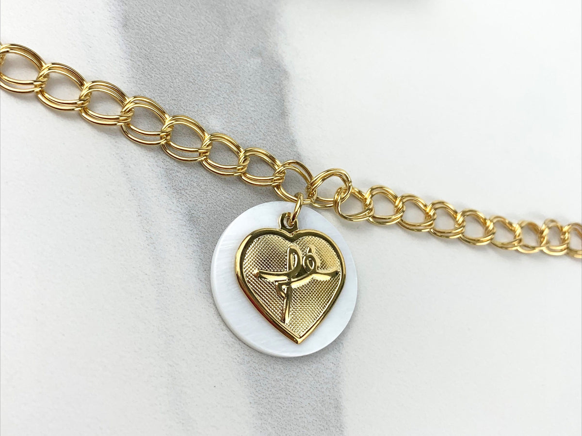 18k Gold Filled 7mm Double Oval Link, Round White Charm, Heart "Fe" Word Letter Dangle Charms Bracelet Wholesale Jewelry Supplies