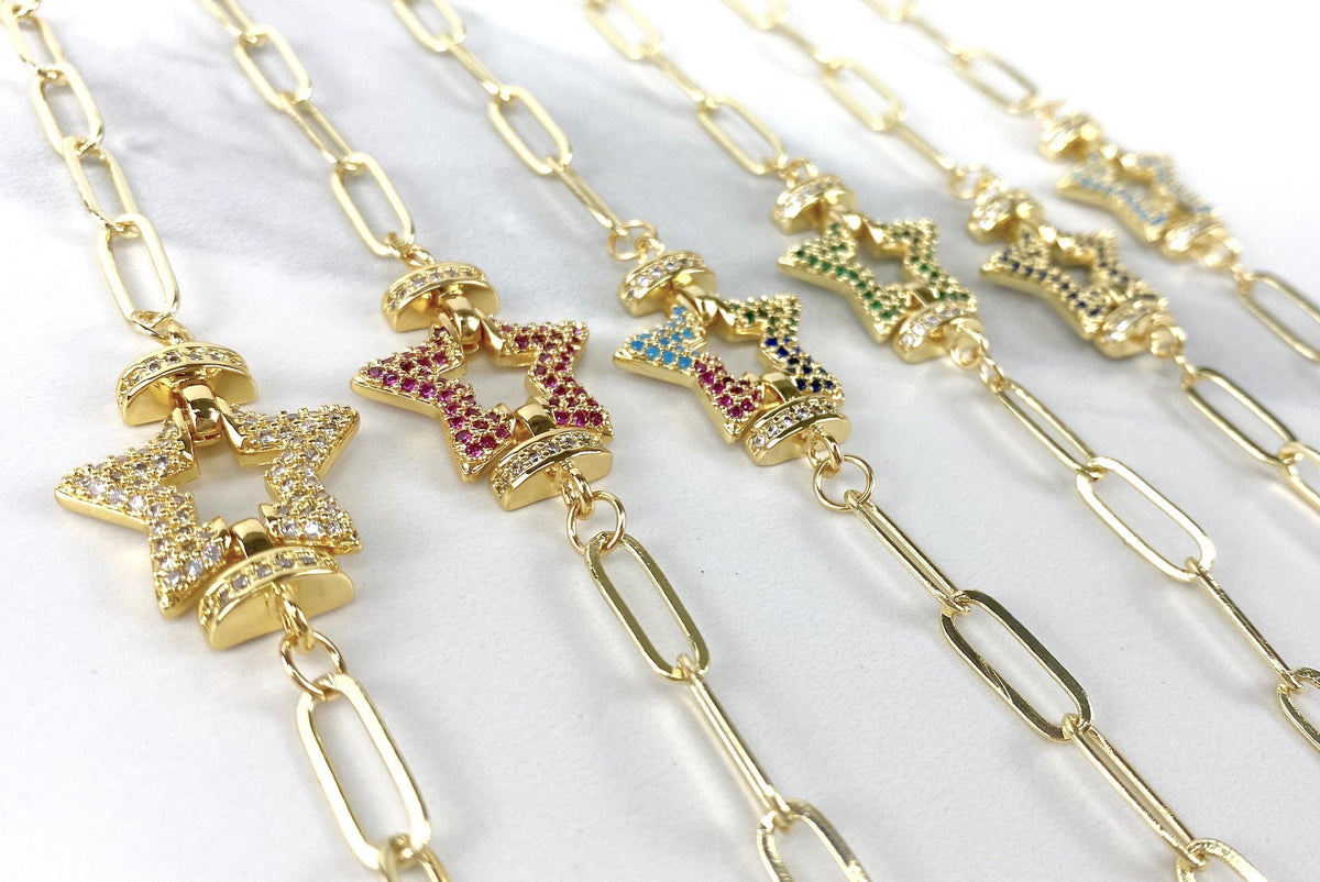 18k Gold Filled Paperclip Link Colored Star Micro Pave Cubic Zirconia Bracelet with Extender Wholesale Jewelry Supplies
