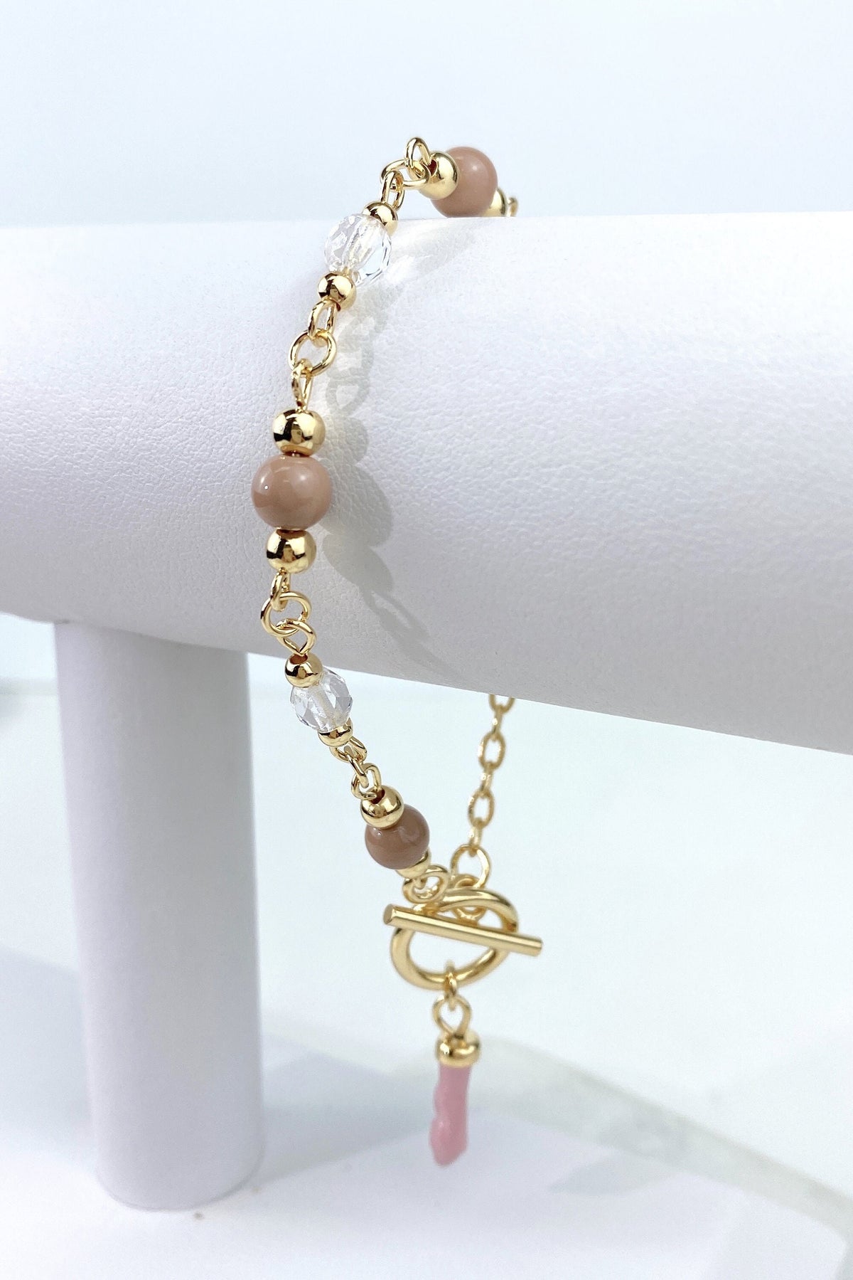 18k Gold Filled Beige Beads and Pink Hand Charm Bracelets Featuring Toggle Clasp And Link Chain Wholesale Jewelry Supplies