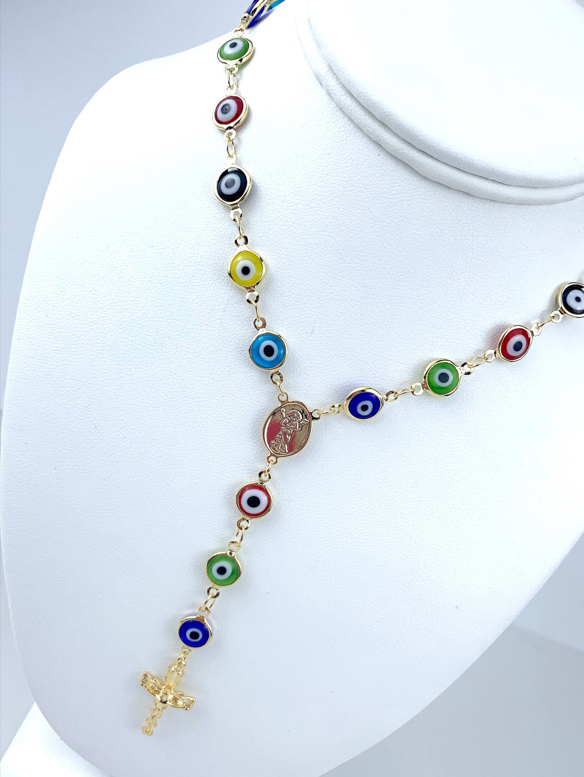 18k Gold Filled Colorful Colored Greek Evil Eye with Divine Child Rosary or Bracelet, Religious & Protection Jewelry, Wholesale Jewelry