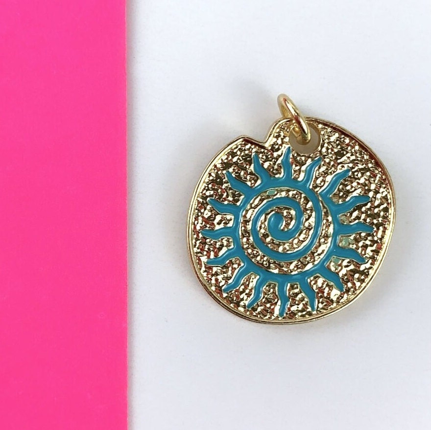 18k Gold Filled Rough Texture Charm Featuring Colorful Enamel Native American Sun Design Pendant Wholesale Jewelry Making Supplies