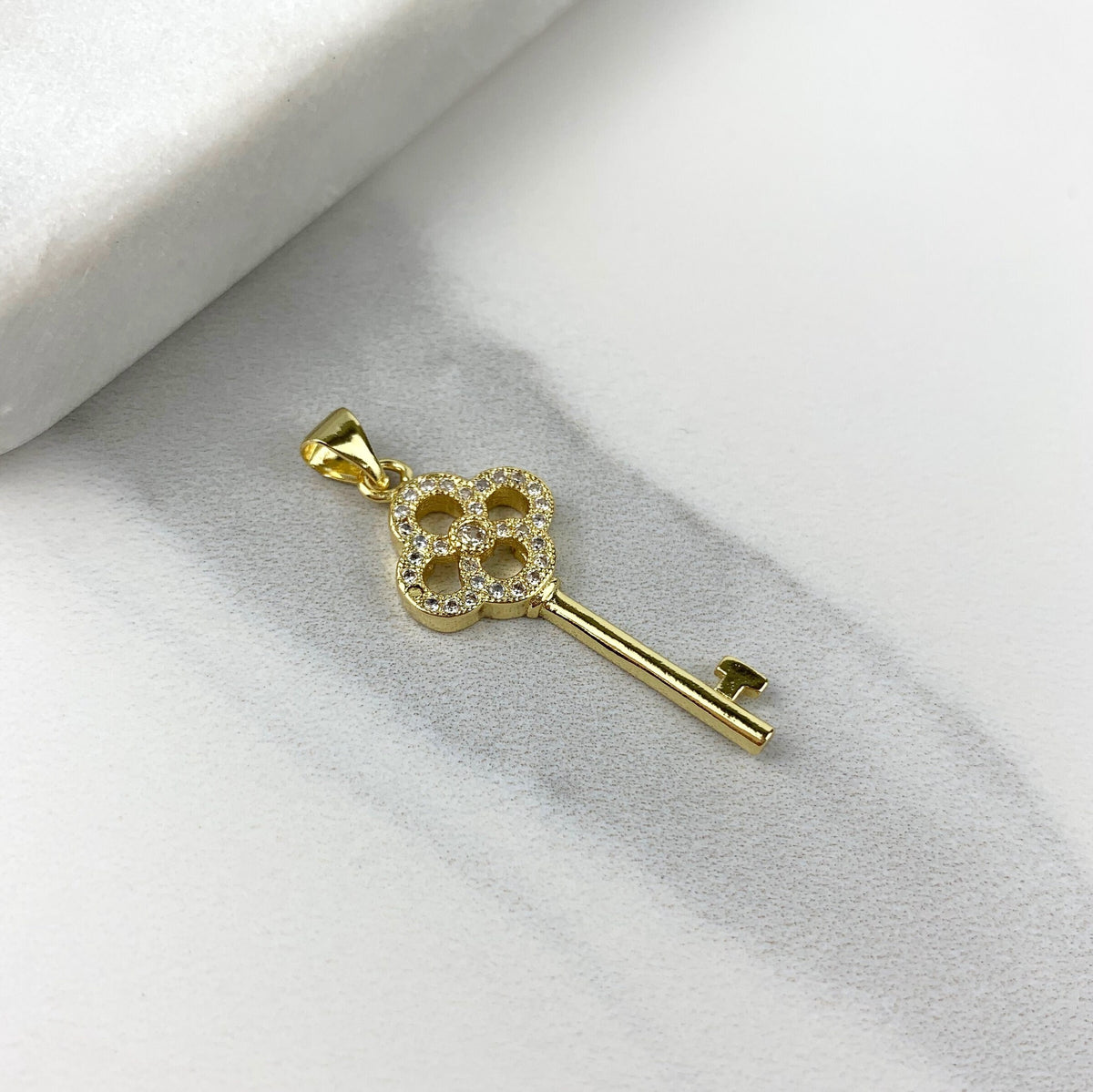 18k Gold Filled Cubic Zirconia Key, Vintage Style, Oval or Clover, Pendant Charms Wholesale Jewelry Making Supplies