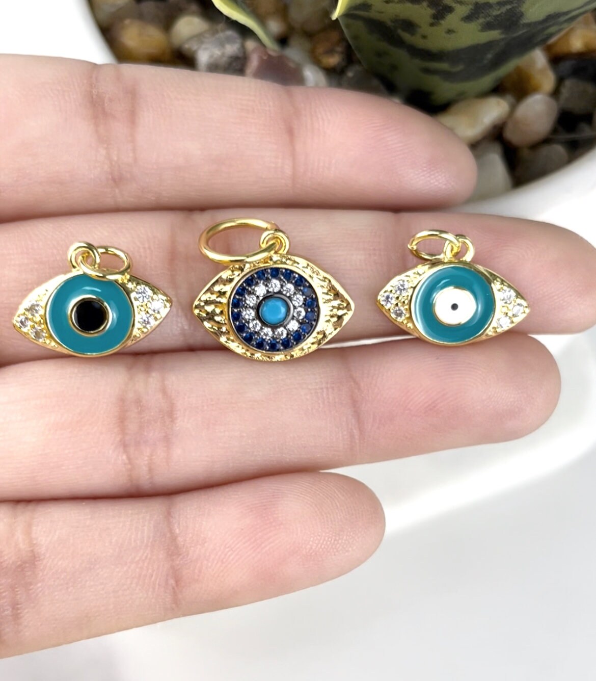 18k Gold Filled Micro Pave Cubic Zirconia Blue Evil Eyes Wholesale Jewelry Making Supplies