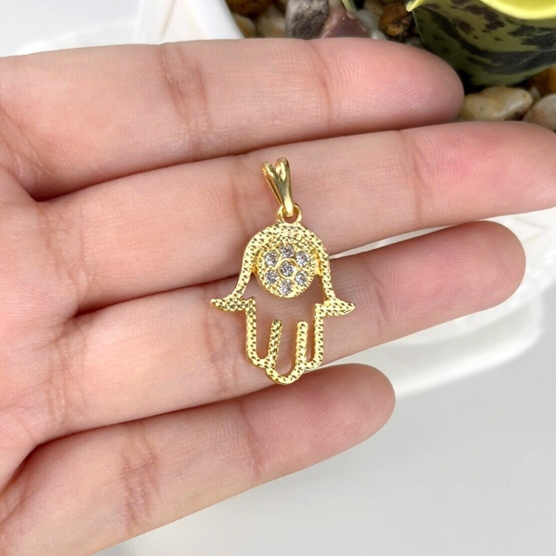 18k Gold Filled, 0.7 inch, Cubic Zirconia Hamsa Hand, Pendants, Wholesale Jewelry Making Supplies