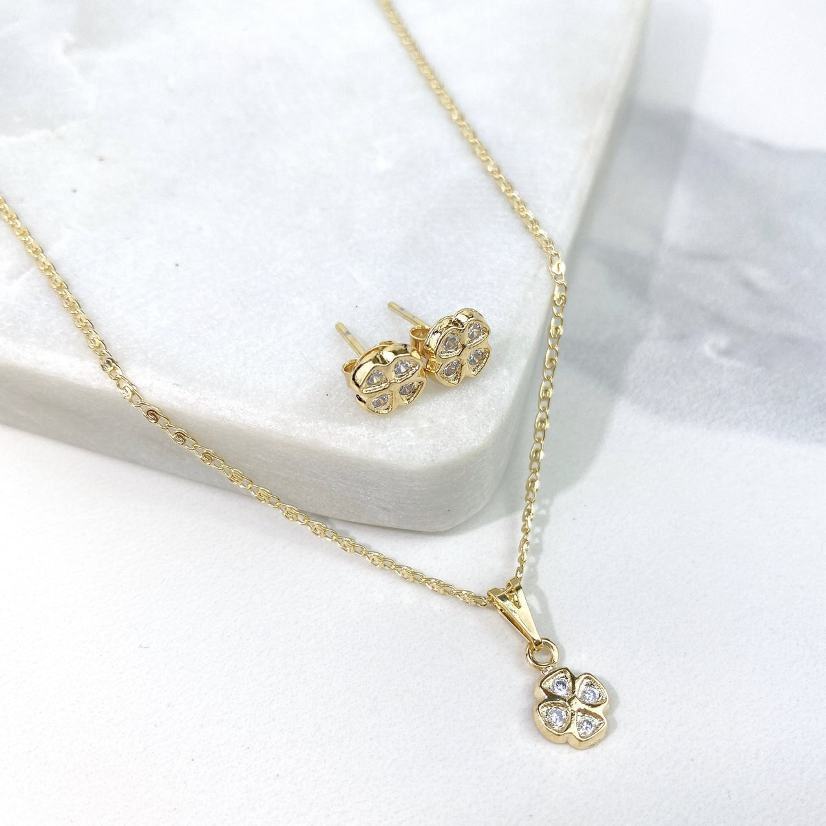 18k Gold Filled 1.5mm Anchor Chain Necklace with Cubic Zirconia Petite Flower Pendant & Stud Earrings Set Wholesale Jewelry Supplies