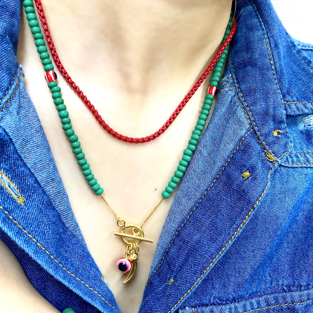 18k Gold Filled Fancy Green Pearls Red, Greek Eyes Lucky Necklace Wholesale Jewelry Supplies