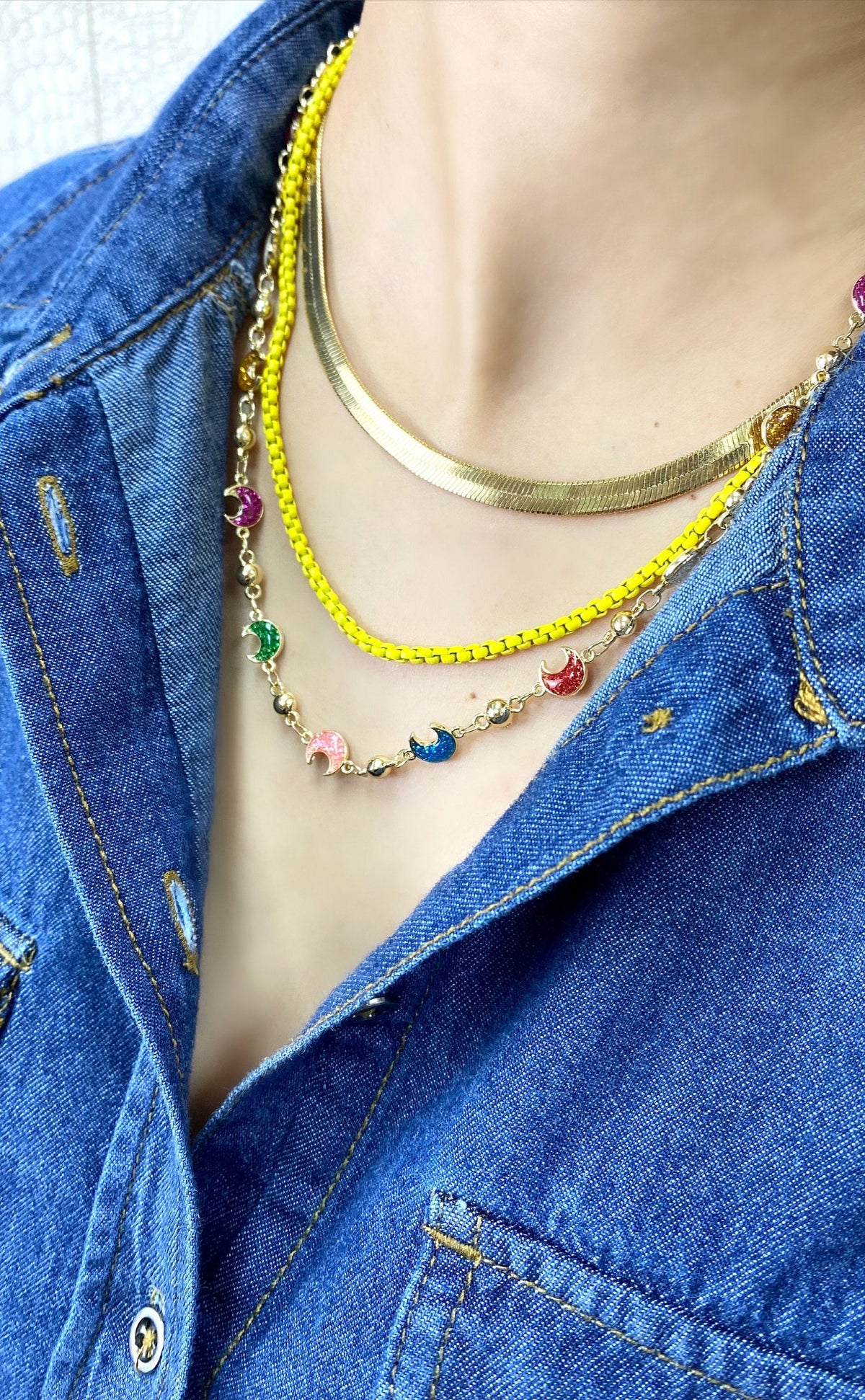 18k Gold Filled Bead Chain Featuring Colorful Sparkle Moon Simulated Druse Stones Necklace Wholesale Jewelry Supplies