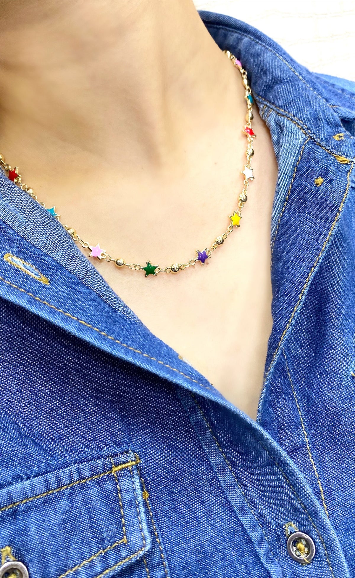 18k Gold Filled Bead Link Chain Featuring Colorful Enamel Stars Necklace Wholesale Jewelry Supplies