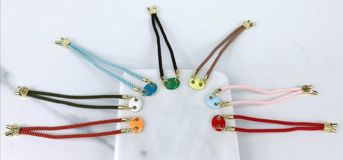 18k Gold Filled Double Face Enamel Link Mariner Charm On Twisted Fabric Bracelet Featuring Slide Clasp Wholesale Jewelry Making Supplies
