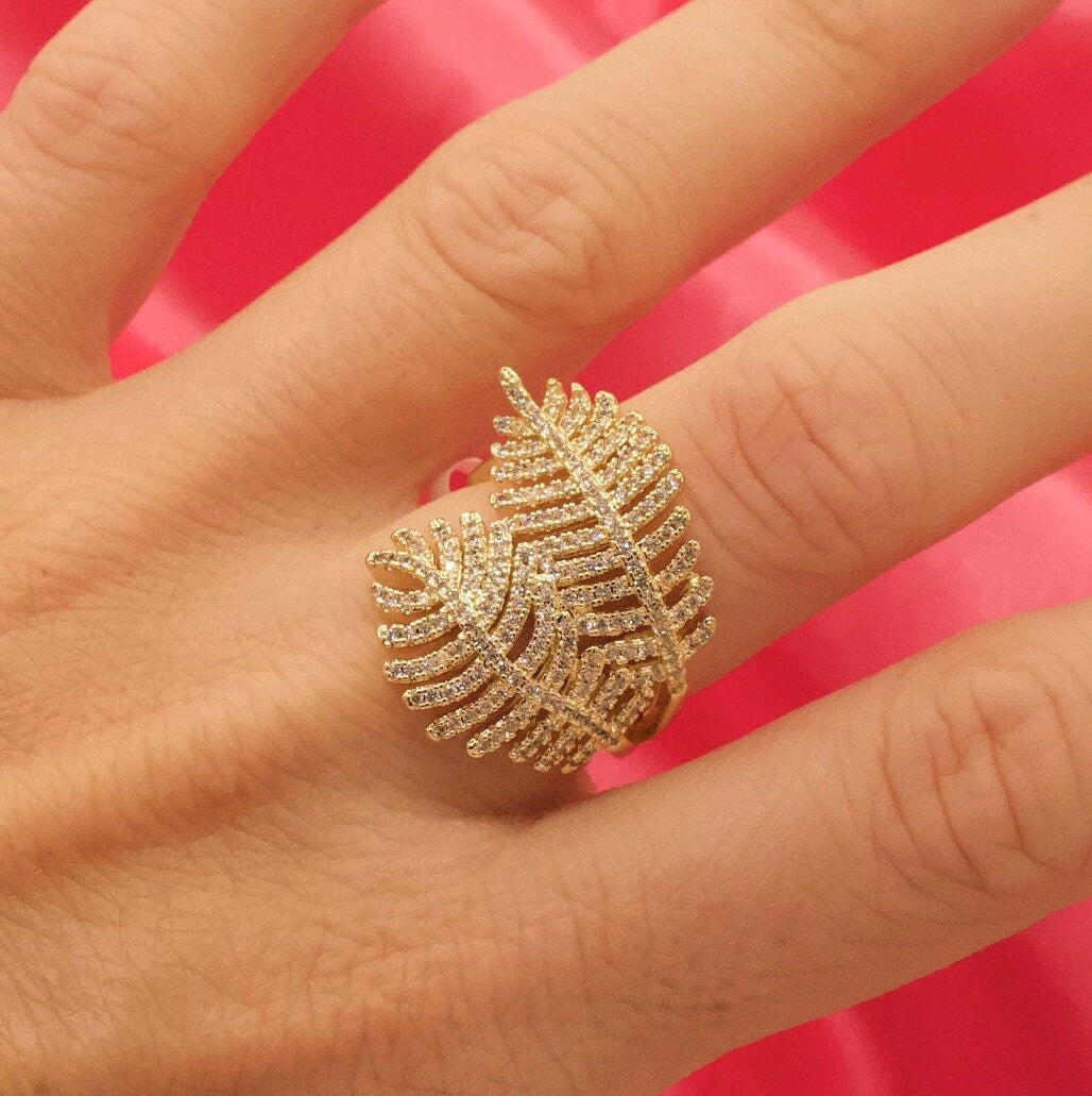 18k Gold Filled Large Double Leaf Ring Featuring Micro Cubic Zirconia Wholesale Jewelry Supplies
