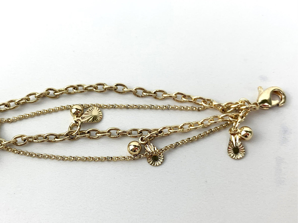 18k Gold Filled, Rolo Chain, Three Tone, Square Charms, Bracelet Wholesale Jewelry Making Supplies
