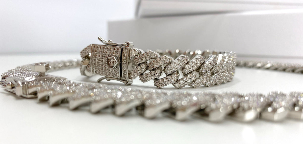 Silver Filled Iced Miami Cuban Chain Featuring Double Safety Lock Box Cubic Zirconia, Unisex Chain or Bracelet, Wholesale Jewelry Supplies