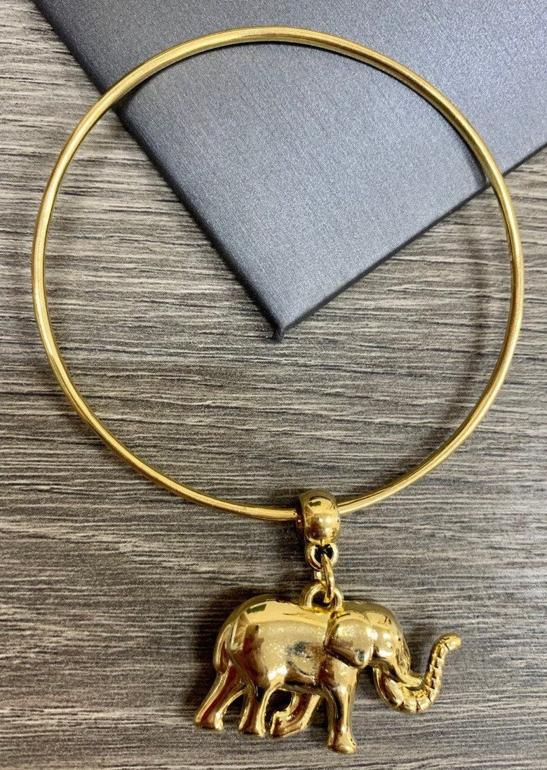 18k Gold Filled Bangle Cuff Bracelet with 3D Elephant Charm, Lucky & Protection Bracelet, Wholesale Jewelry Making Supplies