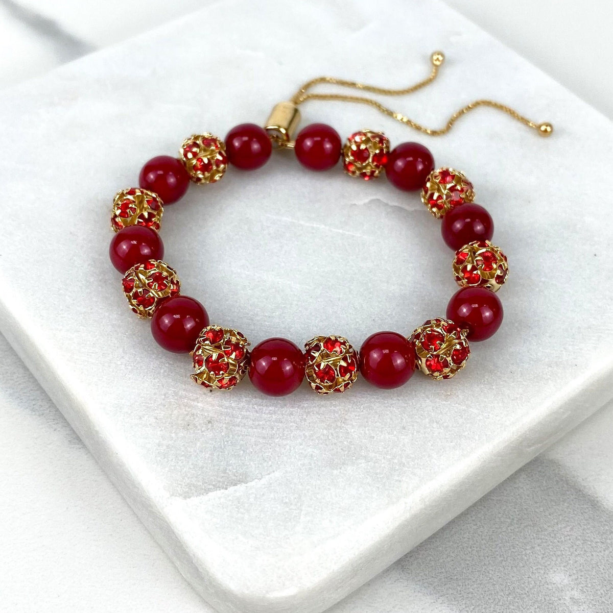 18k Gold Filled 1mm Box Chain Bracelet Featuring Red Cubic Zirconia Gold Ball And Simulated Red Carnelian Agata Adjustable Slide Clasp