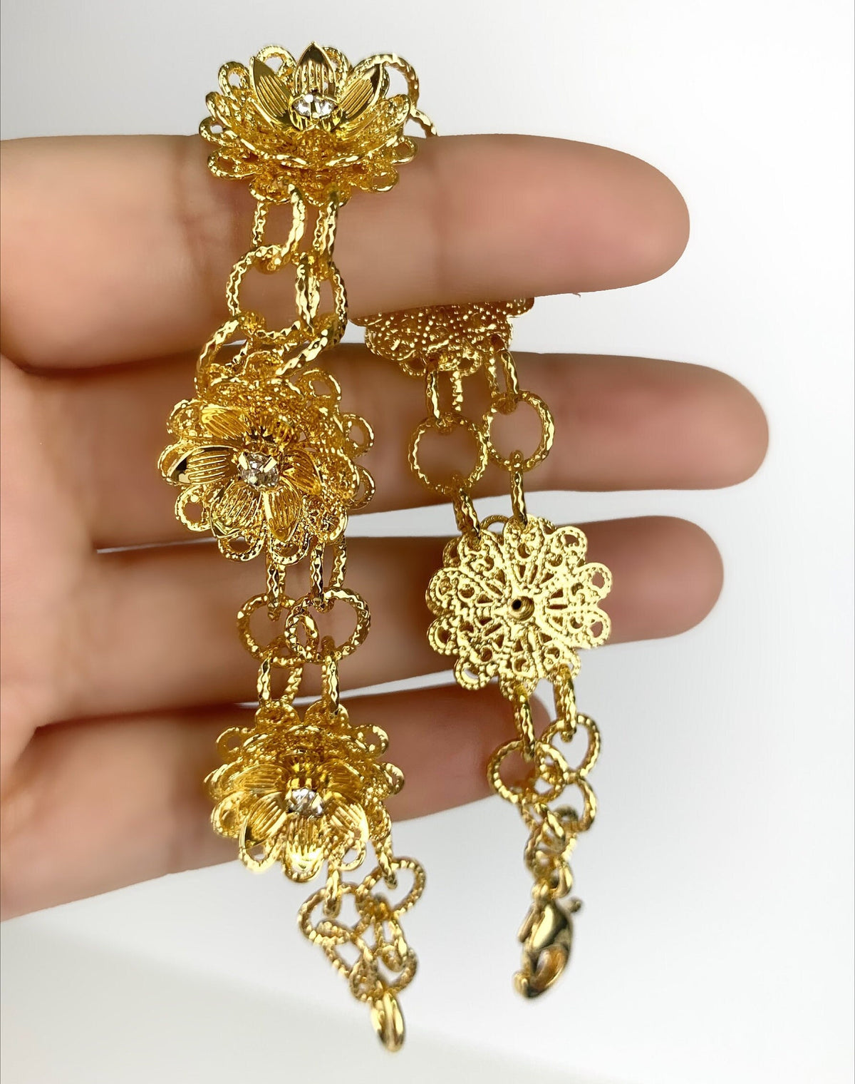 18k Gold Filled 7mm Double Cable Chain Bracelet Featuring Cubic Zirconia 3D Design Flowers Wholesale Jewelry Making Supplies