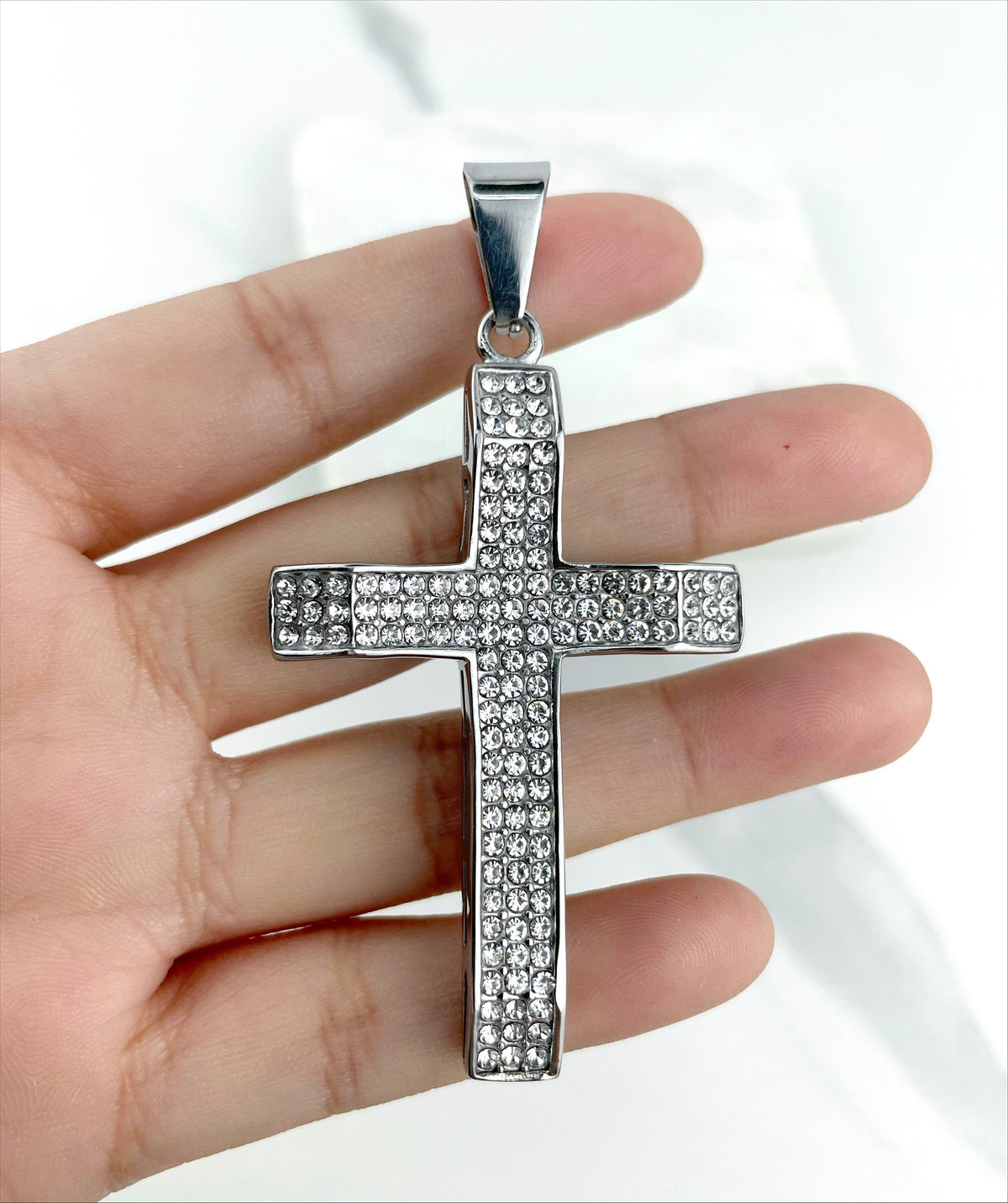 Iced Stainless Steel Silver Cubic Zirconia Cross Pendant, Hip Hop Men Style, Wholesale Jewelry Making Supplies