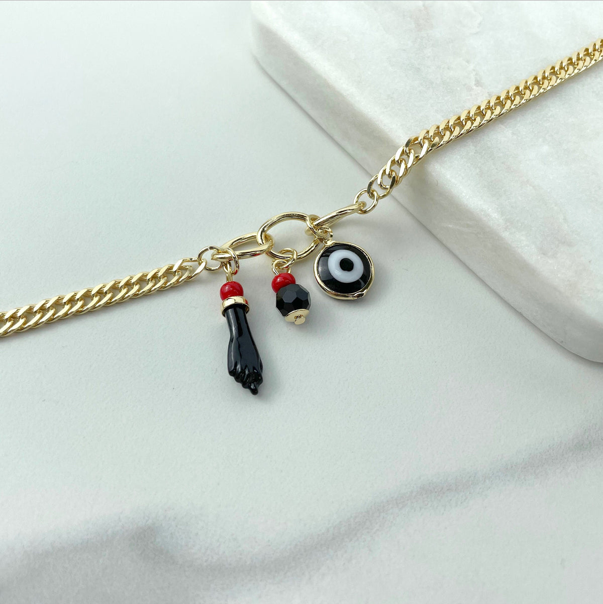 18k Gold Filled 4mm Curb Link, Figa Hand, Evil Eye, Simulated Azabache Bead Charms Bracelet Wholesale Jewelry Supplies