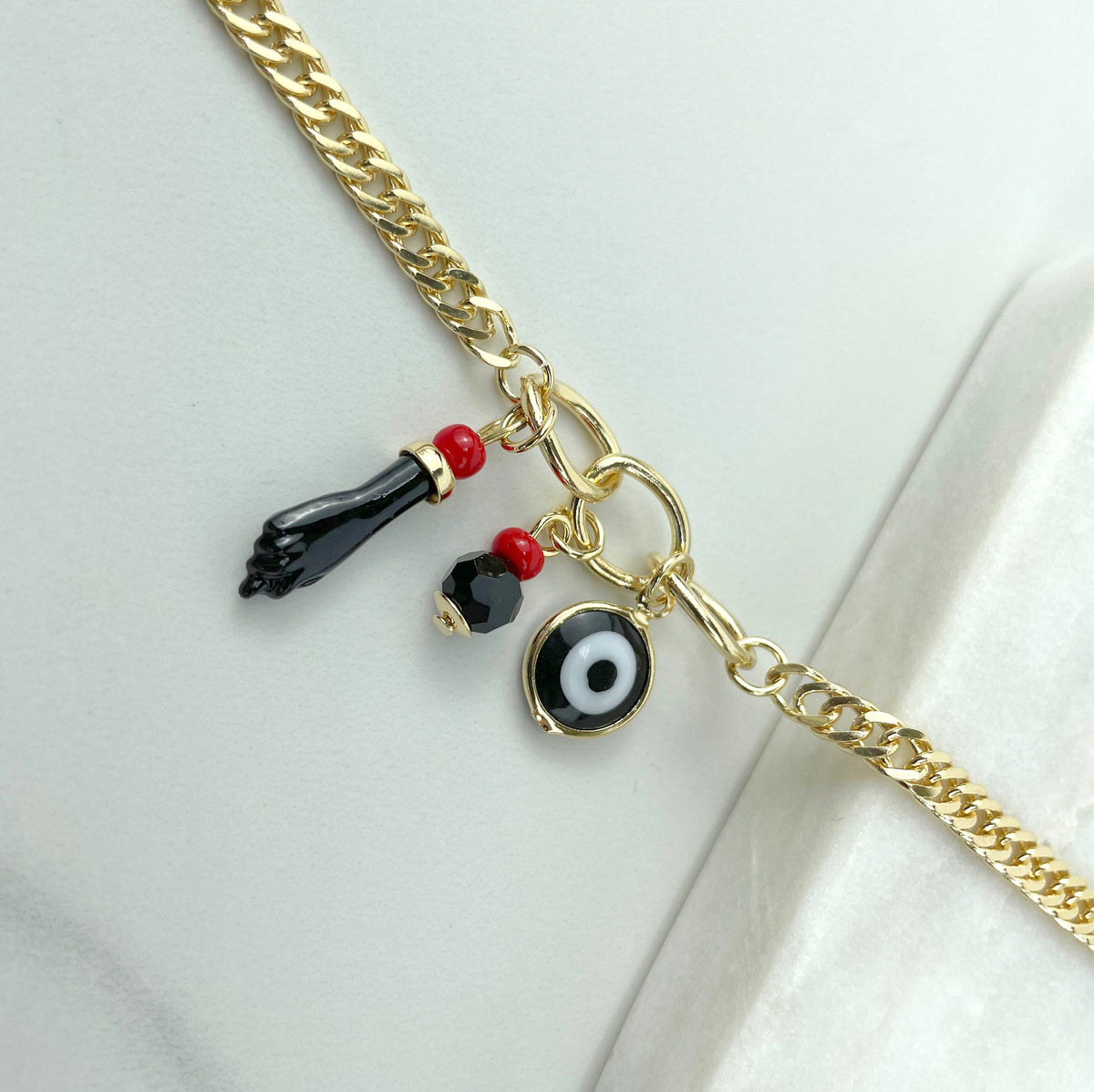 18k Gold Filled 4mm Curb Link, Figa Hand, Evil Eye, Simulated Azabache Charms Anklet Wholesale Jewelry Supplies
