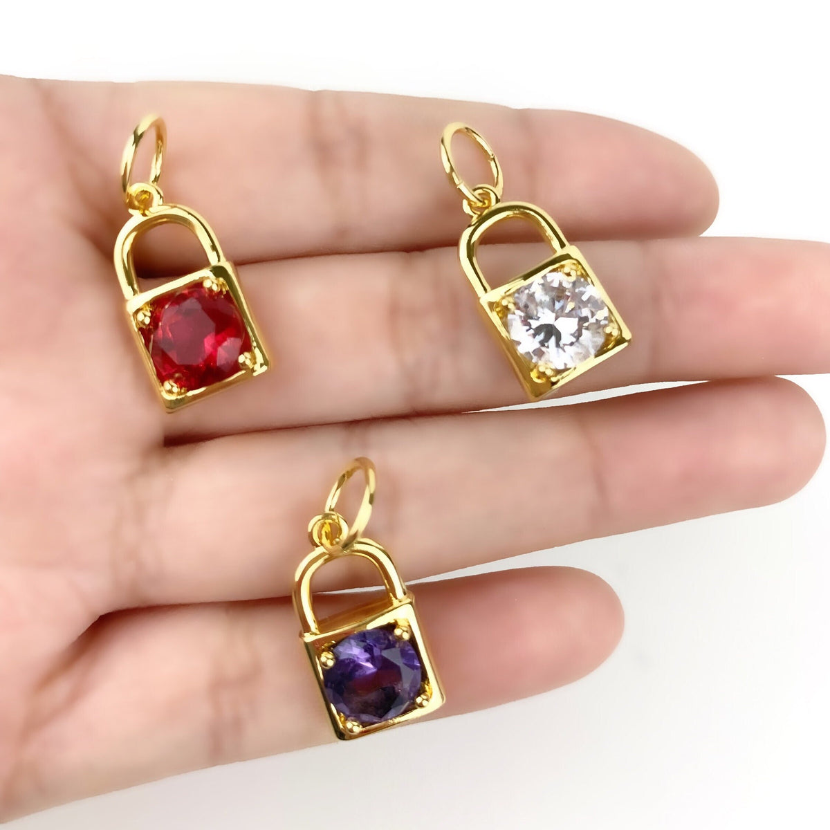 18k Gold Filled, Cubic Zirconia Red, Clear or Purple Lock Pendant Charms Wholesale Jewelry Making Supplies