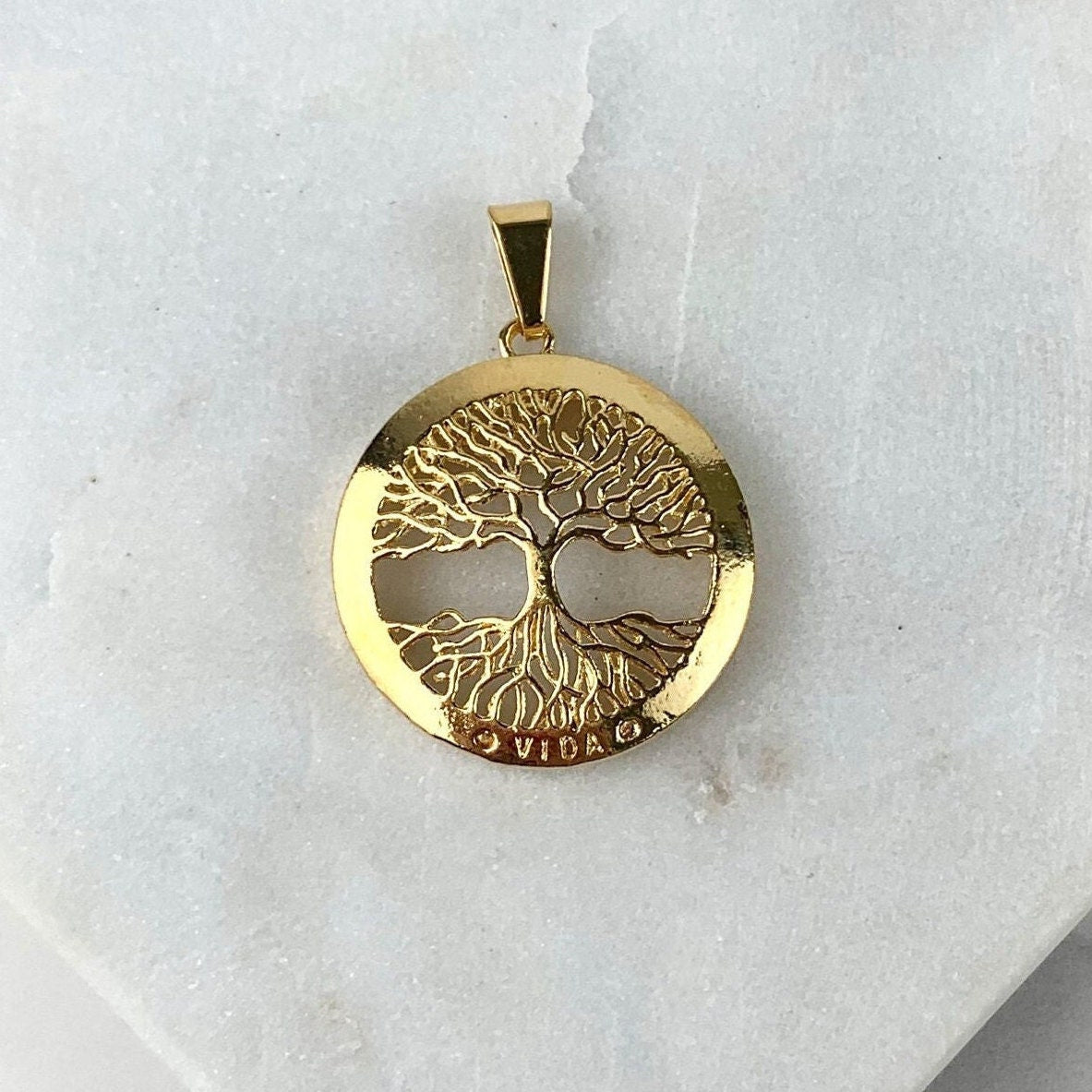 18k Gold Filled Cutout Tree of Life "Vida" Medal, Round, Coin Charms Pendant, Wholesale Jewelry Making Supplies