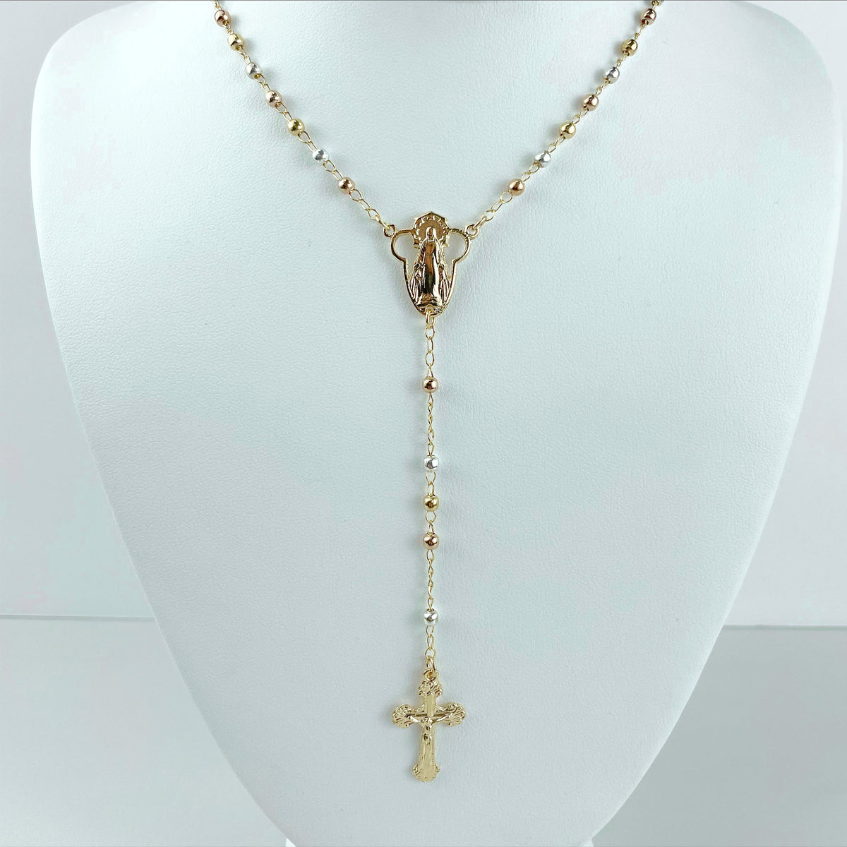 18k Gold Filled Virgen Milagrosa Three Tone Rosary With Crucifix, 20 Inches, Wholesale Jewelry Making Supplies