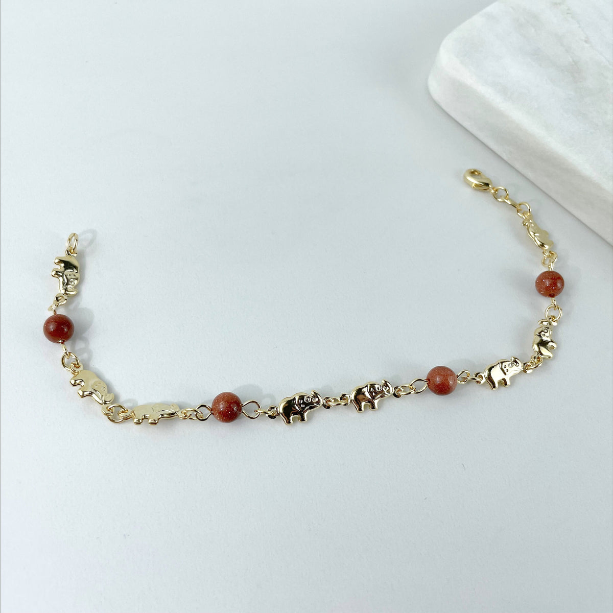 18k Gold Filled Elephants Charms & Simulated Venturina Linked Anklet, Lucky Protection Jewelry, Wholesale Jewelry Making Supplies