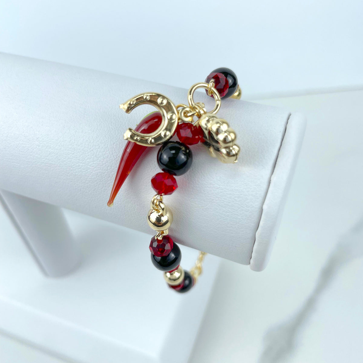 18k Gold Filled Black, Red & Gold Beads, Chili, Clover, Horseshoe Charms Bracelet, Lucy Protection, Wholesale Jewelry Making Supplies