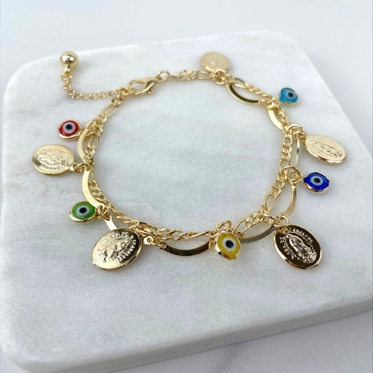 18k Gold Filled Mariner Link, Guadalupe Virgin, Colored Evil Eye Charms Bracelet, Anklet or Necklace  Wholesale Jewelry Making Supplies